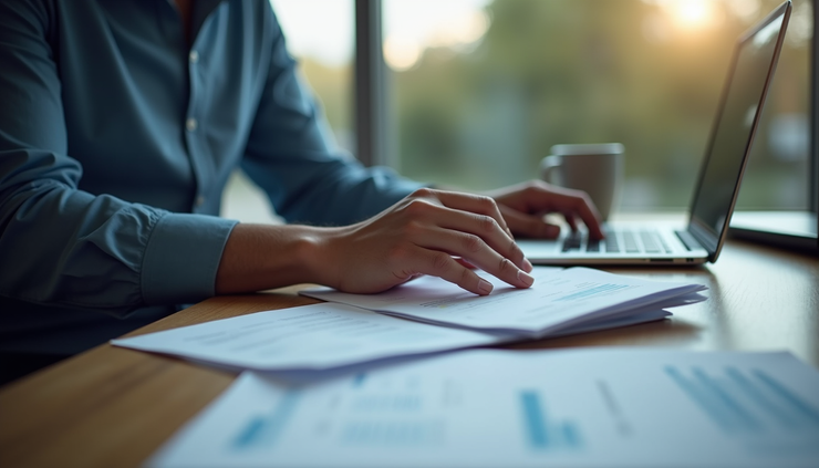 Eye-level view of a person reviewing documents with a laptop and notes on a desk