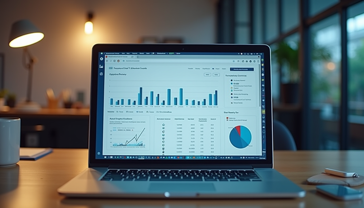 Eye-level view of a modern workspace with a laptop displaying data privacy compliance dashboard