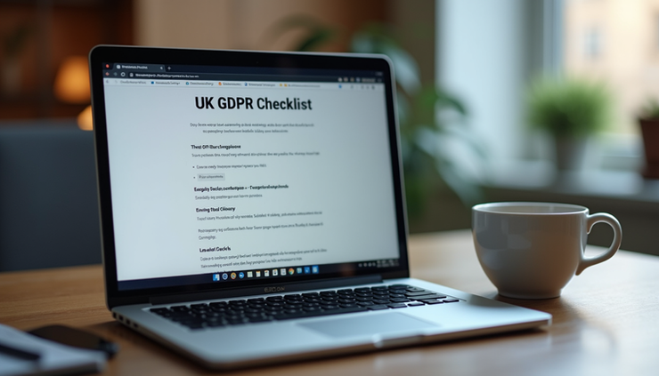 Eye-level view of a laptop screen displaying a data protection checklist