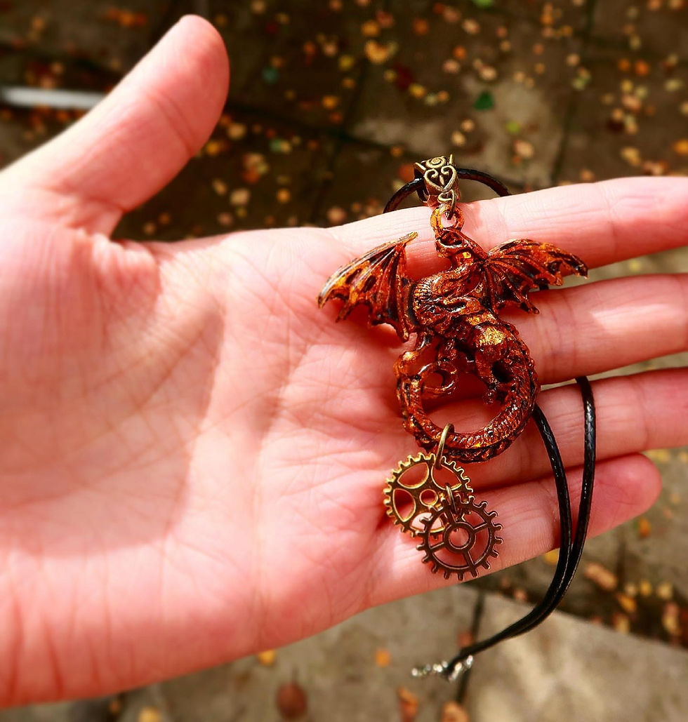 Thumbnail: Steampunk Dragon Resin Gold Leaf Necklace