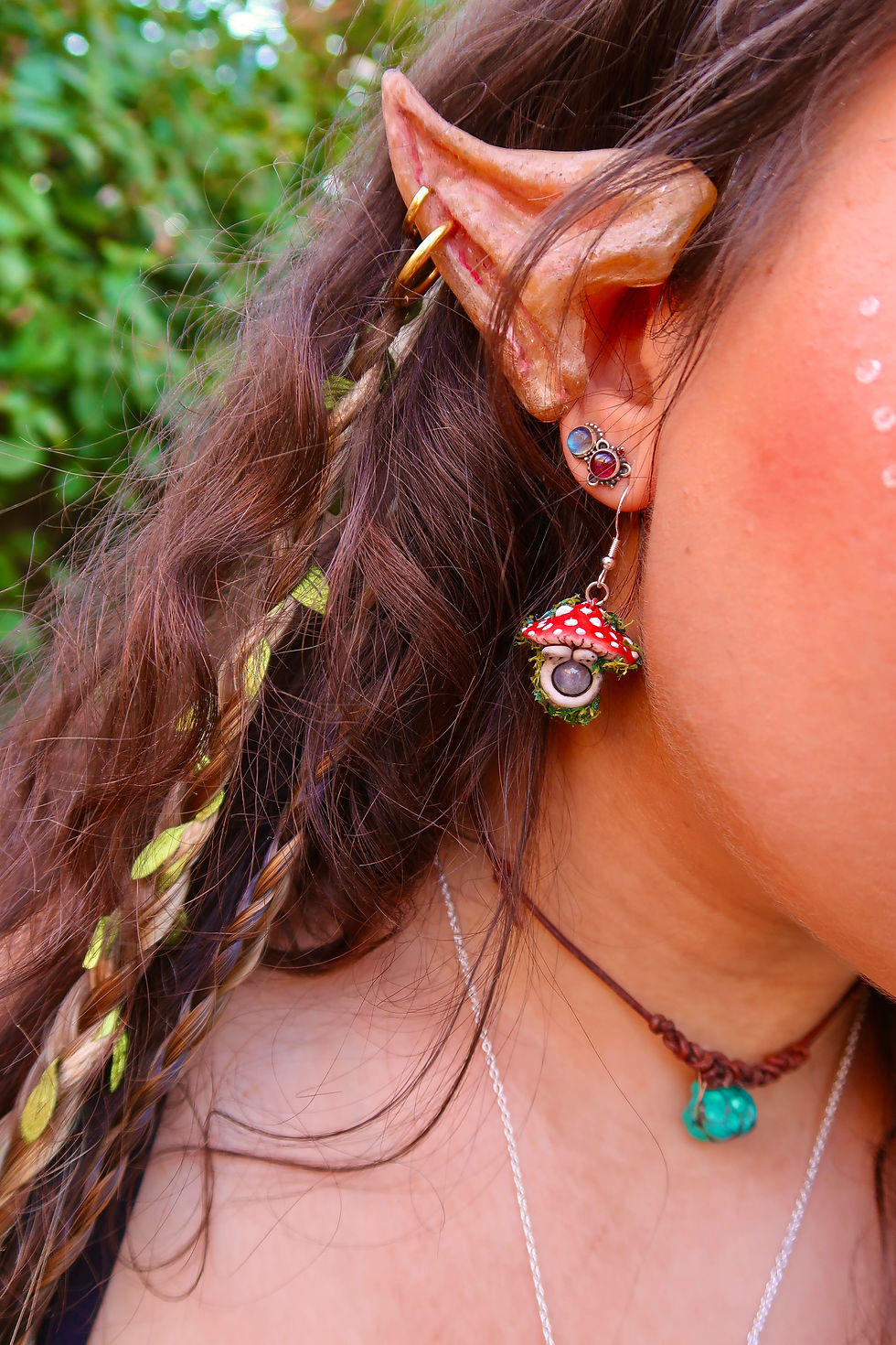 Thumbnail: Small Red Toadstool Earrings with Labradorite Bead Centres