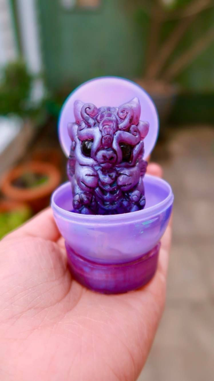 Purple Resin Dragonling "Blackberry" sculpture and magnetic egg stand