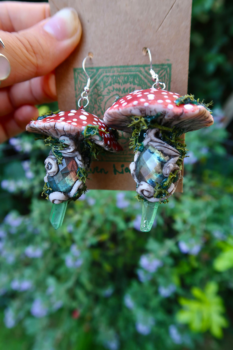 Thumbnail: Red Toadstool Earrings with Labradorite Cabochons & Green Aura Quartz