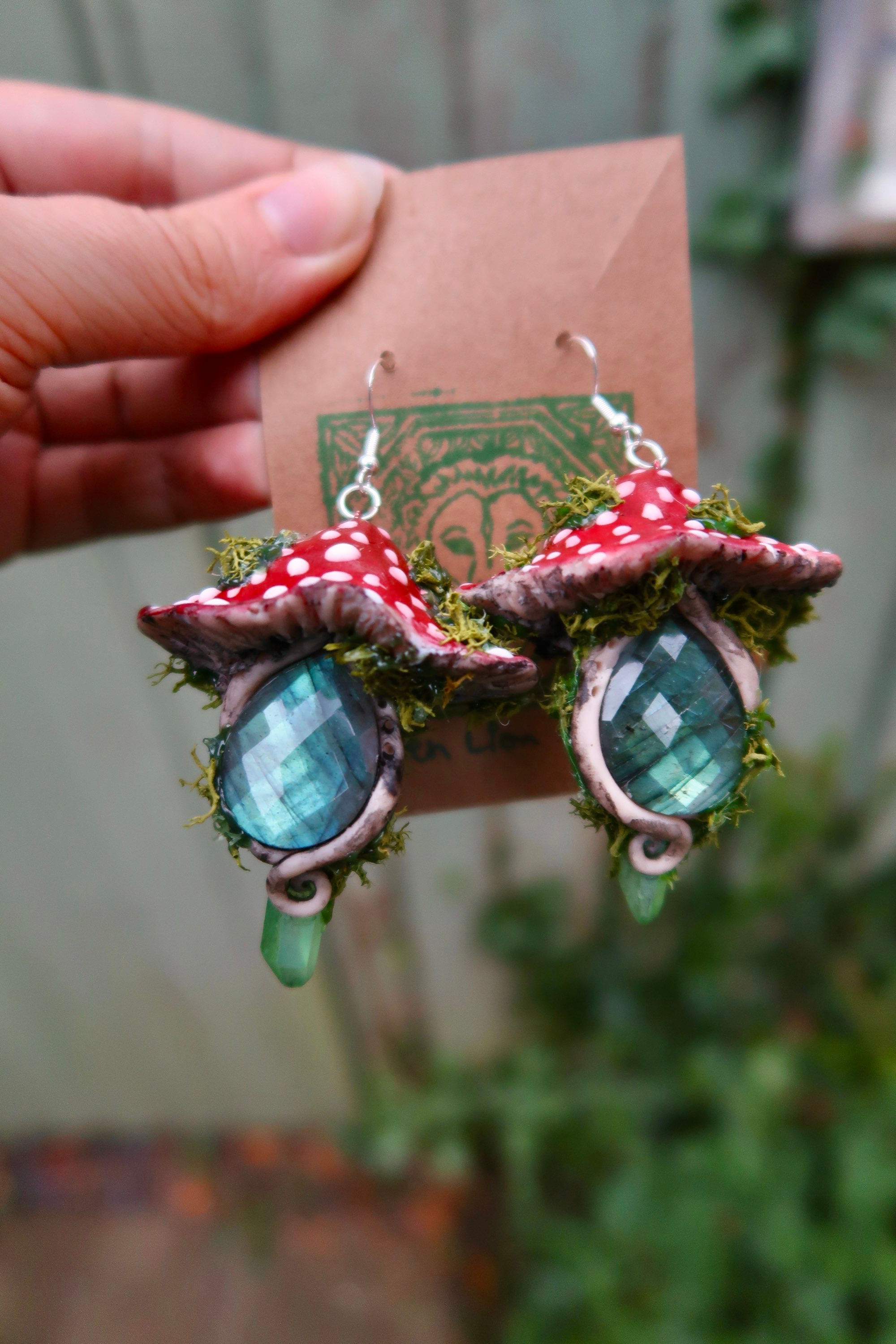 Red Mushroom Toadstool and Faceted Labradorite Sterling Silver Earrings