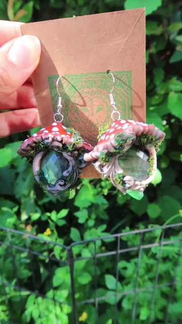 Thumbnail: Red Toadstool Mushroom Earrings with Faceted Labradorite and Green Aura Quartz P