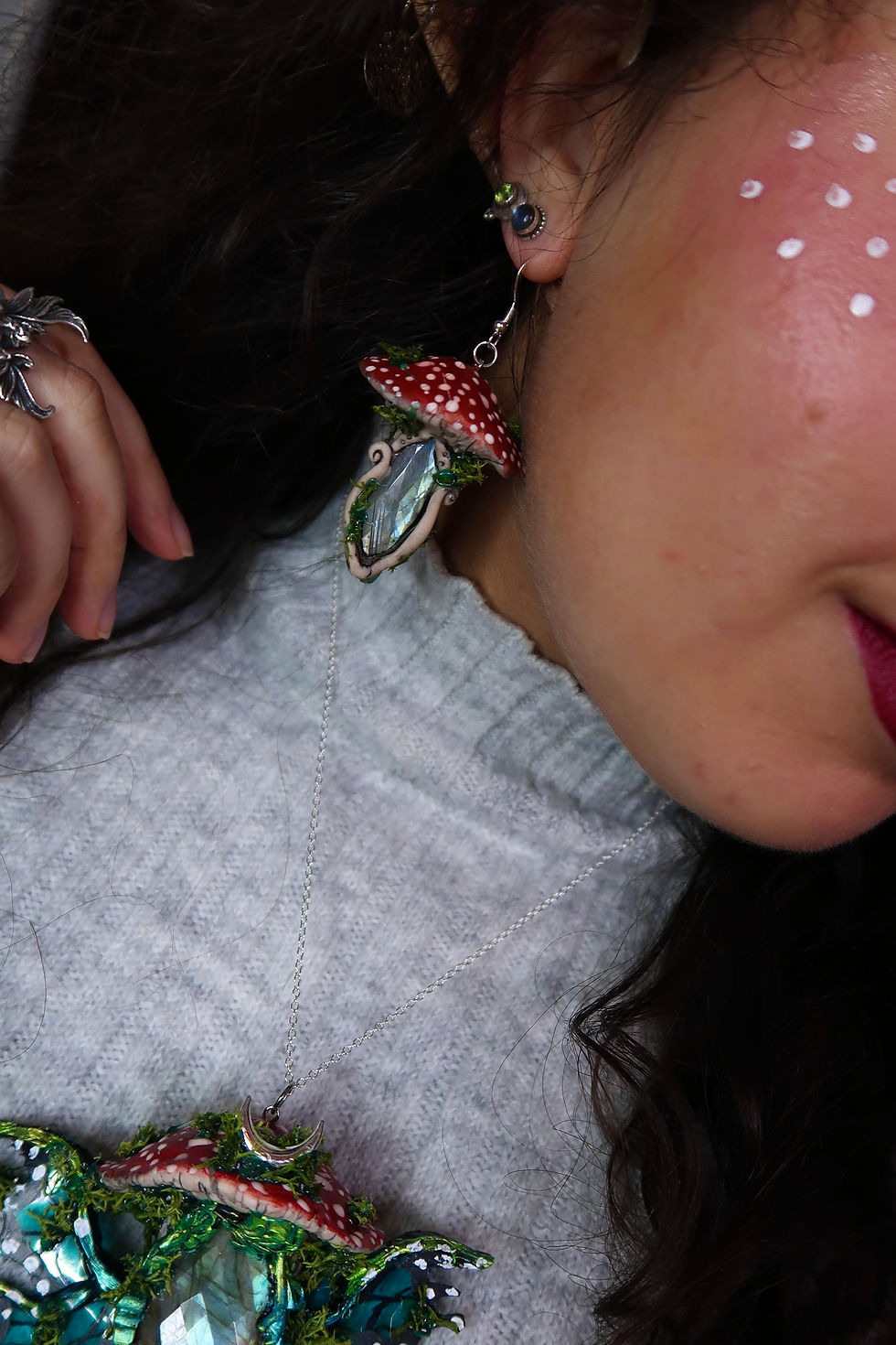 Thumbnail: Red Toadstool Earrings with Faceted Labradorite and Green Aura Quartz