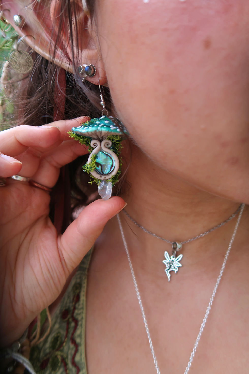 Thumbnail: Green-Blue Iridescent Toadstool Earrings with Aura Quartz & Abalone Shell