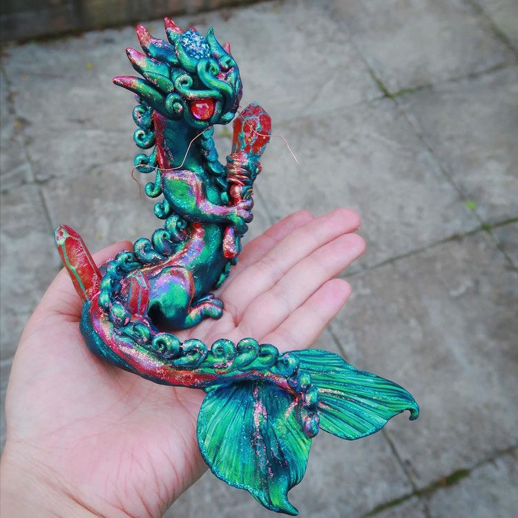 Thumbnail: Crystal Mermaid Dragon "Neptunesa" Polymerclay + Resin OOAK Sculpture