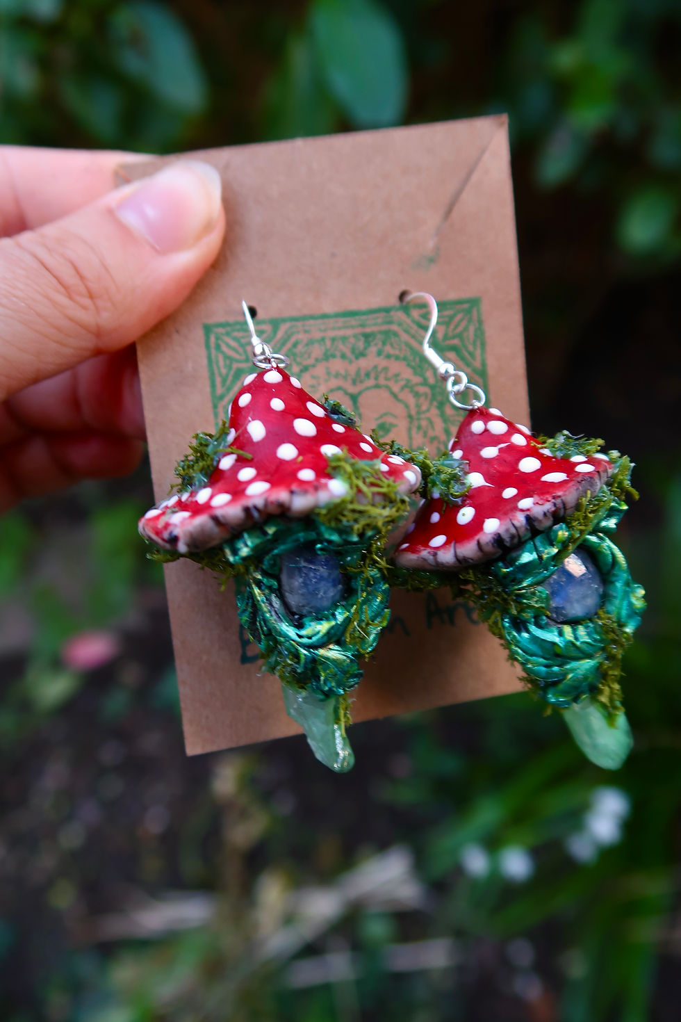 Thumbnail: Red Toadstool Earrings with Moonstone and Green Aura Quartz