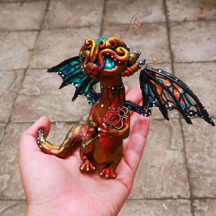 Thumbnail: Blue and Copper Key Butterfly Dragon "Monarch" Polymerclay OOAK Sculpture