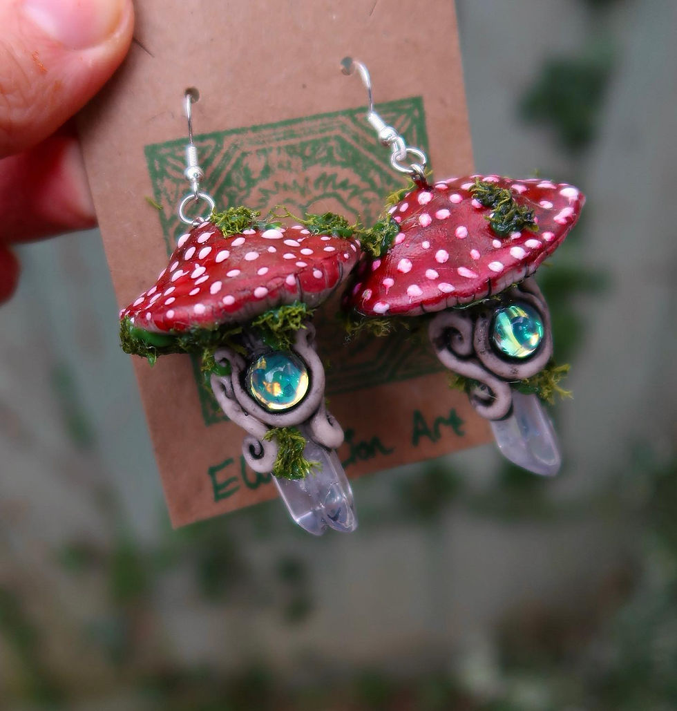 Thumbnail: Red Mushroom Toadstool Statement Earrings with Clear Aura Quartz Points