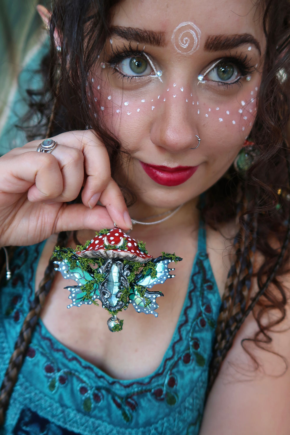 Thumbnail: Flying Red Toadstool Pendant with Fairy Wings, Faceted Labradorite, Acorn & Moon