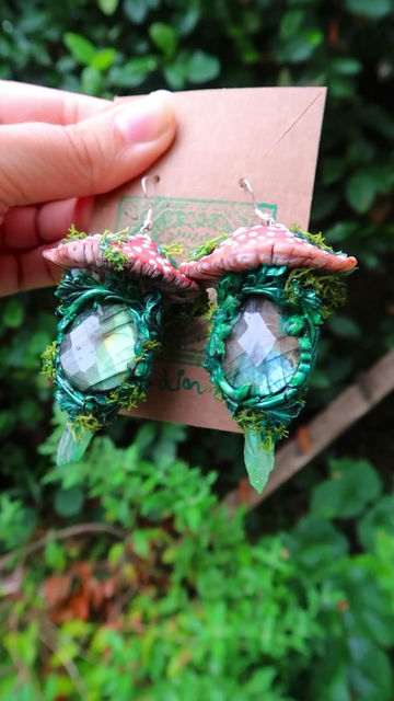 Thumbnail: Red & Turquoise Toadstool Earrings with Labradorite & Green Aura Quartz