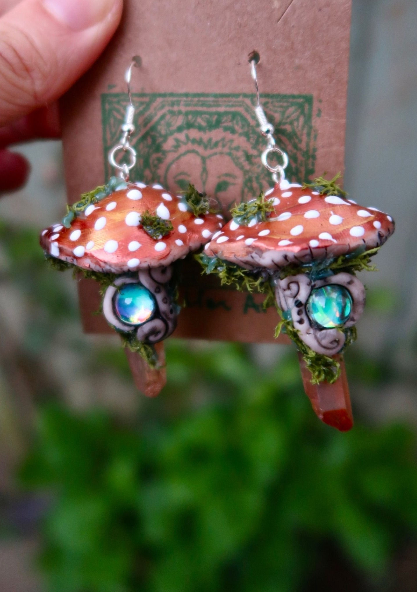 Copper Mushroom Toadstool Statement Earrings with Orange Aura Quartz