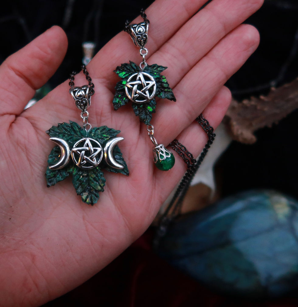 Thumbnail: Pentacle and Moons Green Maple Leaf Pendant