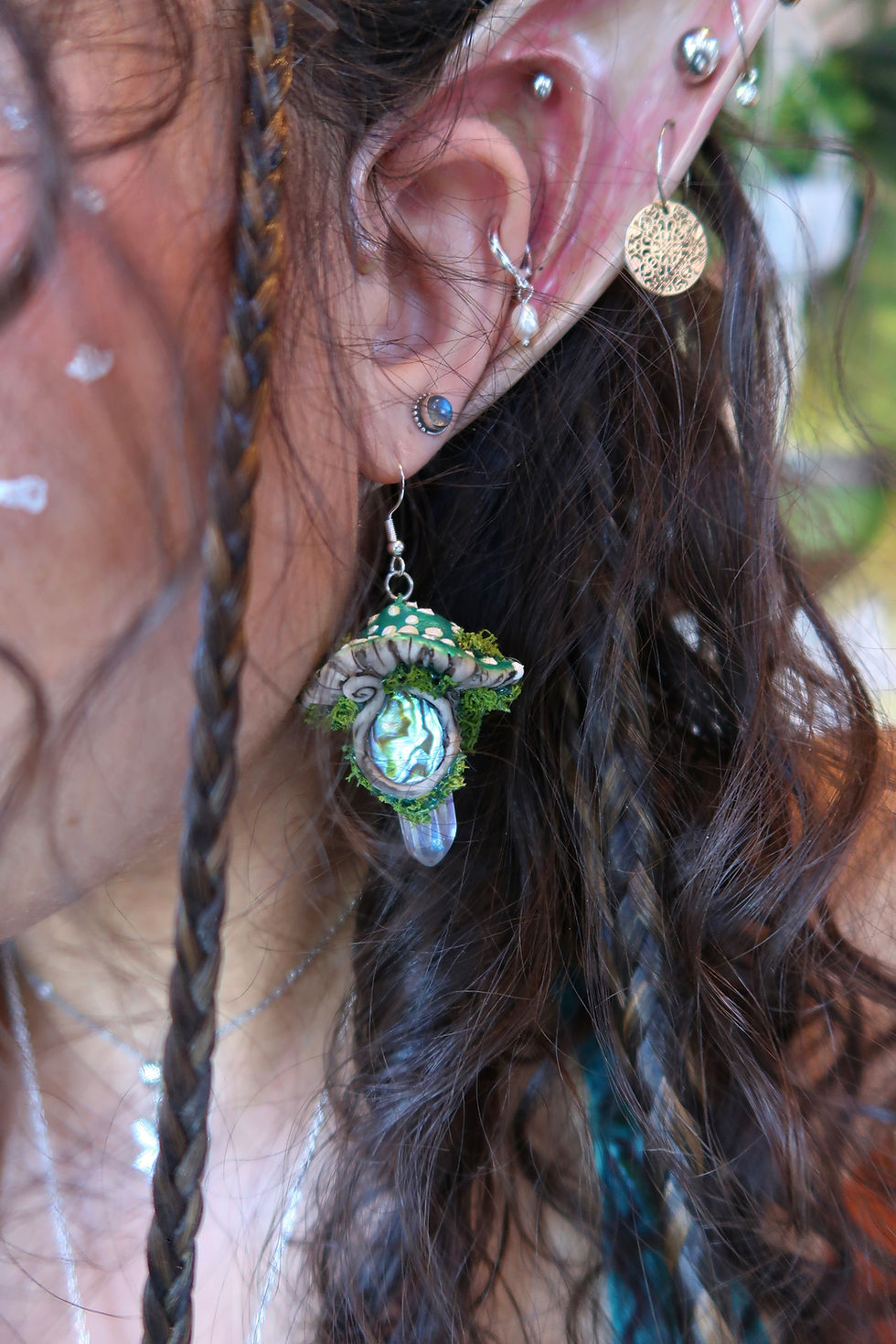 Thumbnail: Dark Green-Blue Toadstool Earrings with Abalone Shell and Clear Aura Quartz
