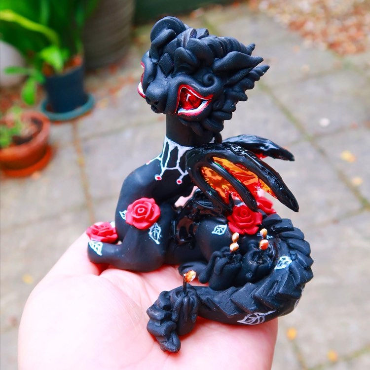 Thumbnail: Splendor the Gothic Rose Candle Dragon - Polymerclay OOAK Sculptu