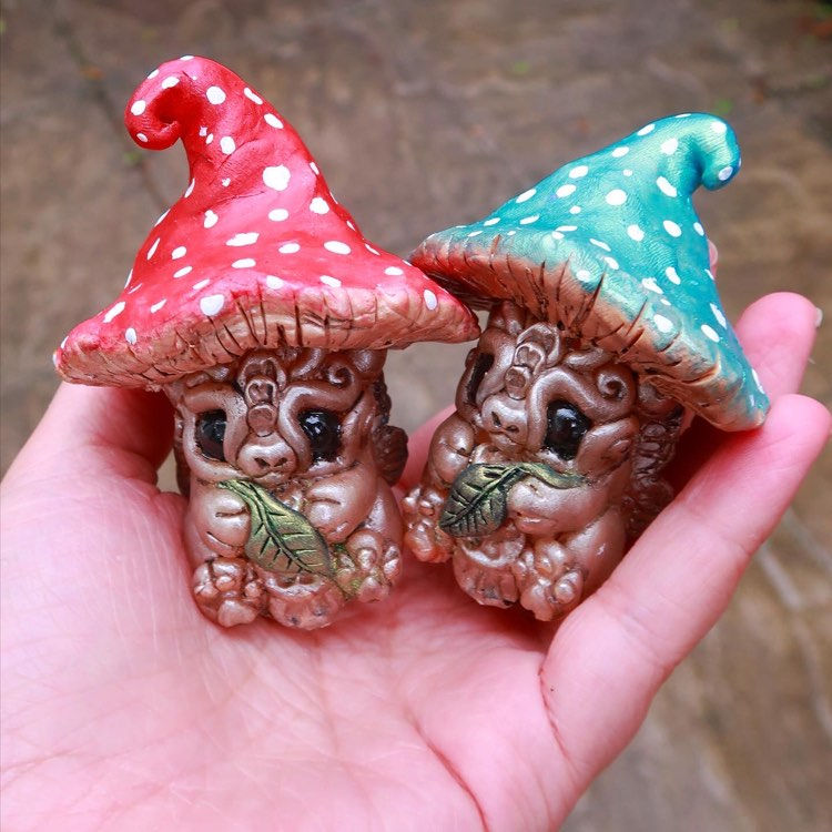 Thumbnail: Red Mushroom Dragonling with Leaf - Resin and Clay OOAK Sculpture