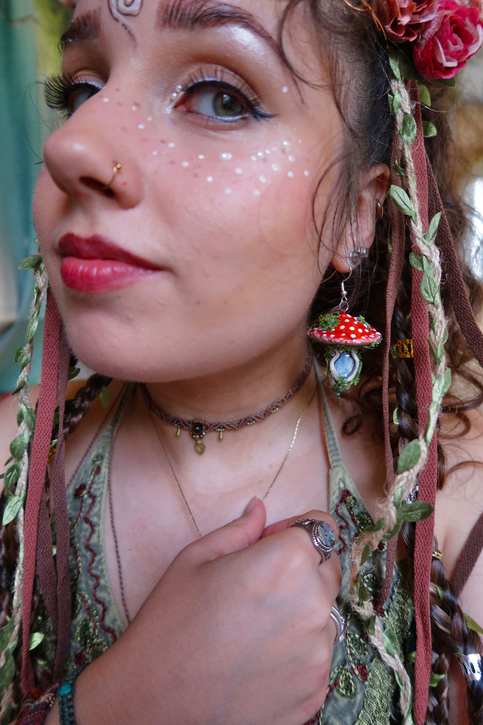 Thumbnail: Red Mushroom Earrings with Moonstones
