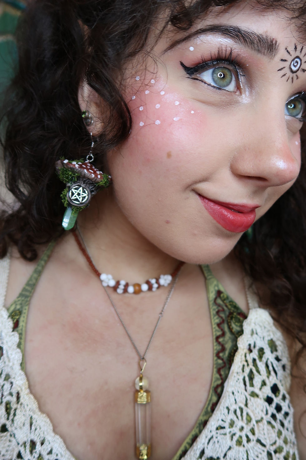 Thumbnail: Red Mushroom Pentacle Toadstool Earrings with Aura Quartz
