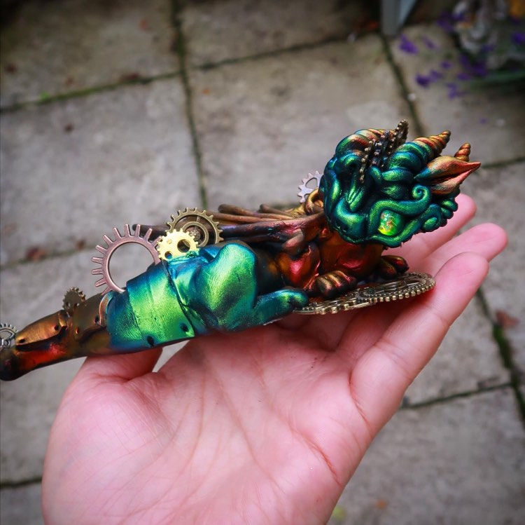 Thumbnail: Steam Gem - Copper and Green Steampunk Dragon - Polymerclay OOAK Sculpture