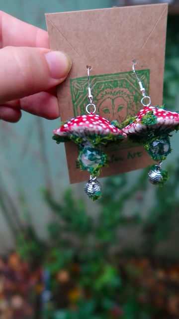 Thumbnail: Moss Agate Toadstool Mushroom Earrings with Acorn Charms