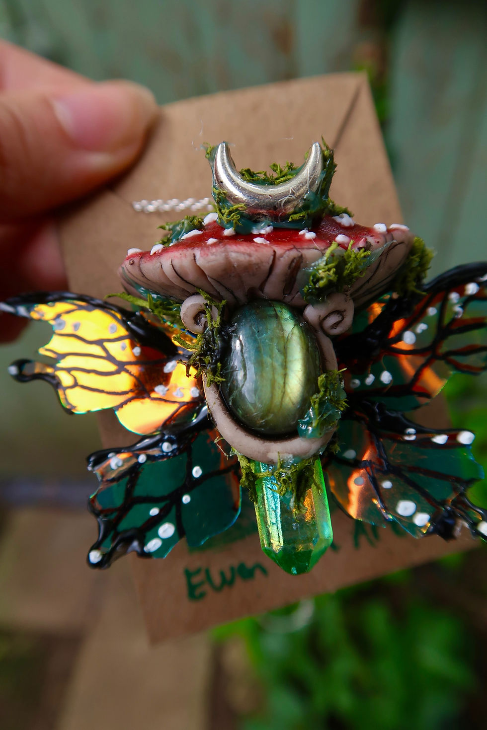 Thumbnail: Fairy Wing Mushroom Green Labradorite and Green Aura Quartz Pendant