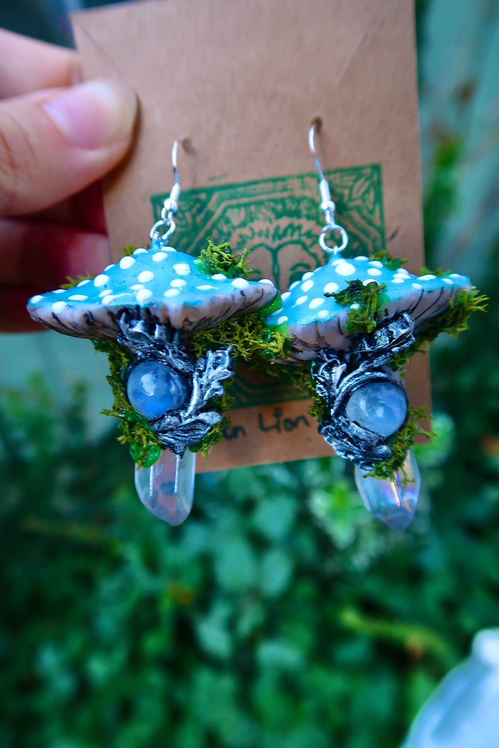 Blue Mushroom Moonstone and Aura Quartz Earrings