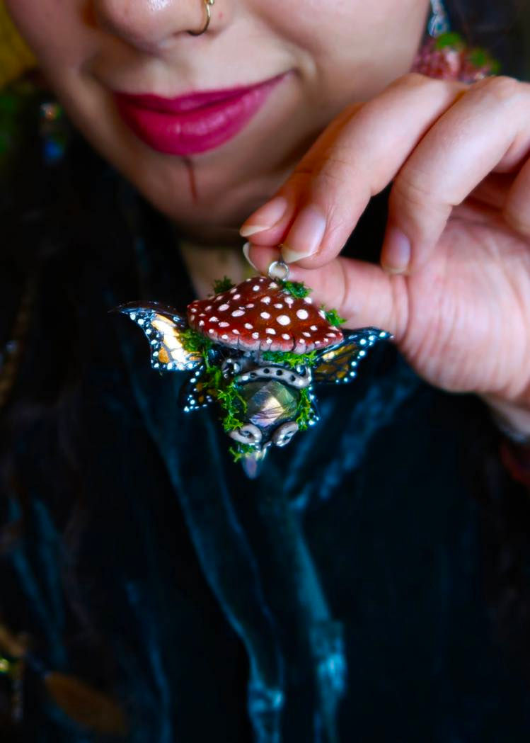 Thumbnail: Butterfly Mushroom Labradorite and Aura Quartz Crystal Pendant
