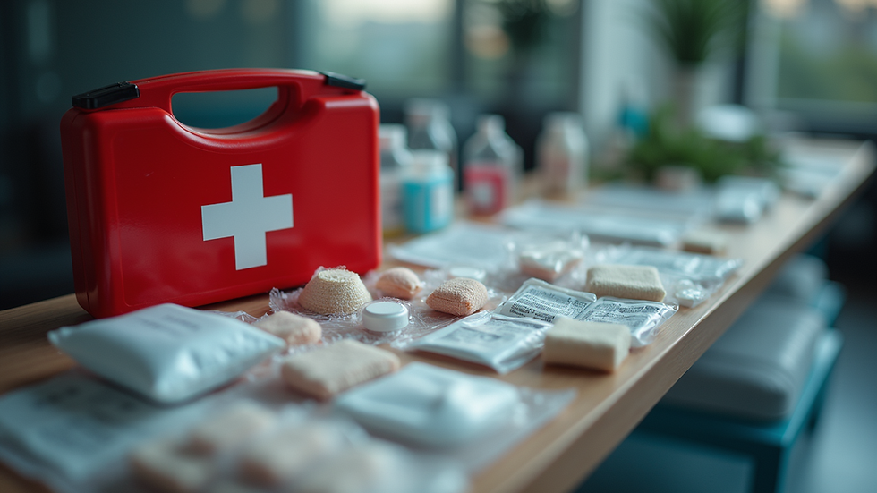 Close-up view of a first aid kit with various bandages and medical supplies