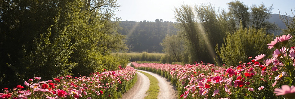 road among flowers with lots of sun light.jpg