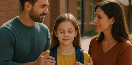 Parents standing with their school-aged daughter outside a school, symbolizing cooperation and support during the back-to-school season.