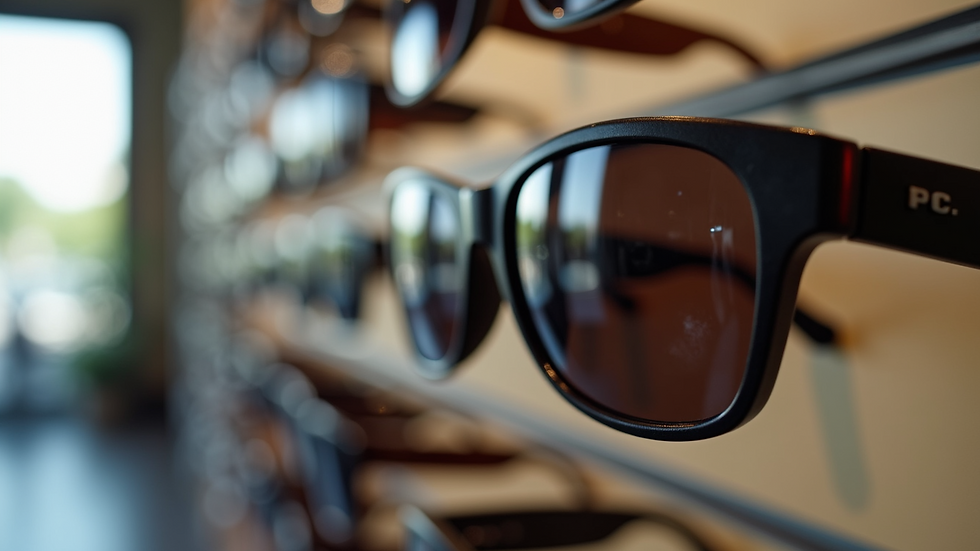 Close-up view of polarized sunglasses on a display rack