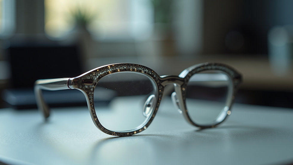Close-up view of designer eyeglasses with intricate frame details