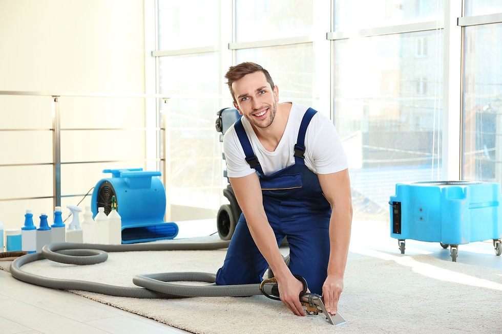 Smiling man cleaning carpet with equipment