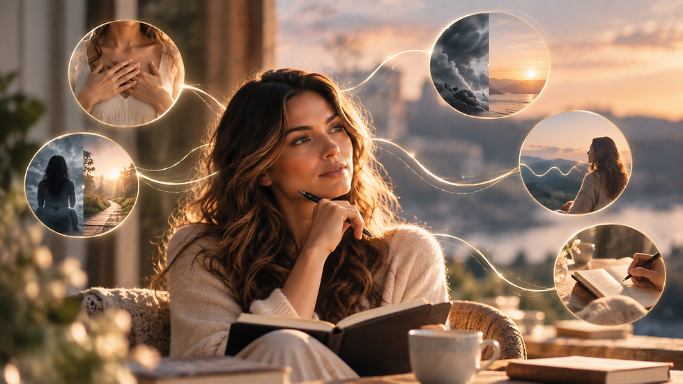 Dreamy woman with notebook and pen on a terrace at sunset, surrounded by glowing circular vignettes of scenes and moods