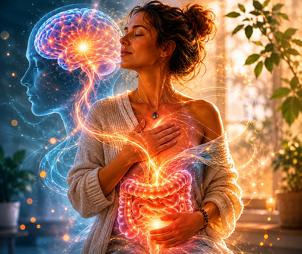 Woman meditating with glowing brain and digestive system graphics in a warm indoor room, serene and mystical.