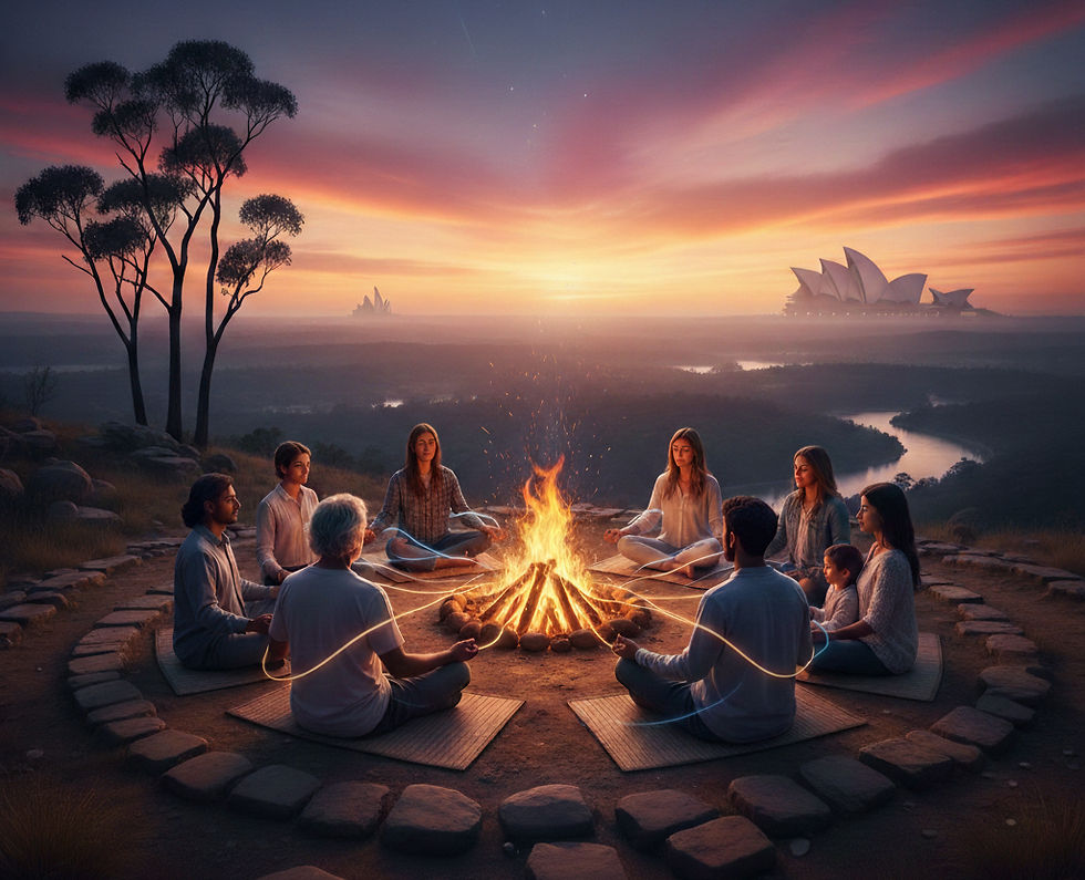 A group of people meditates around a campfire at sunset, with glowing lines connecting them. Trees and a river in the background. Peaceful mood.