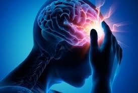 Silhouette of a person holding their head with a glowing brain highlighted, set against a blue background, symbolizing a headache or stress.