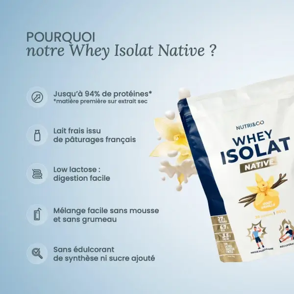 Whey Isolate Native – isolat de protéines lactosérum ultra-concentré (>90 %) pour masse & récupération