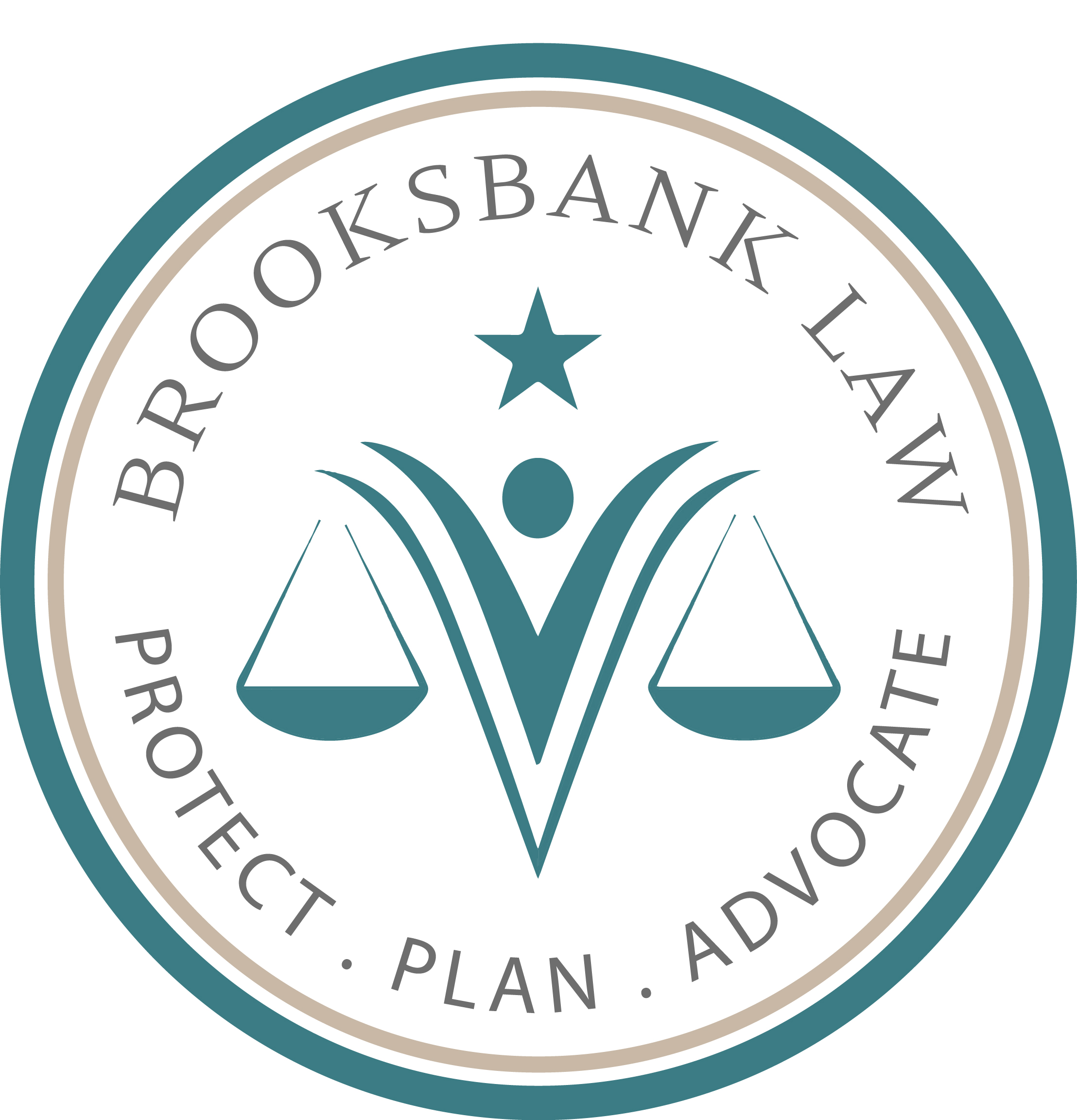 Brooksbank Law LLC circular logo with a central abstract figure holding balanced scales, star above, and the words Protect, Plan, Advocate