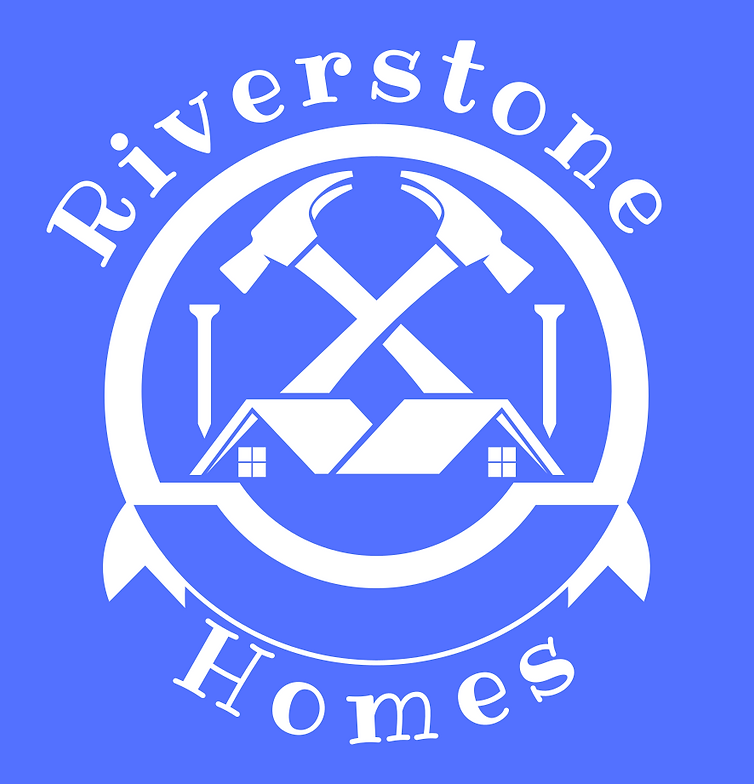 Riverstone Homes LA logo with crossed hammers, nails, and a house roof inside a circular badge on a blue background.