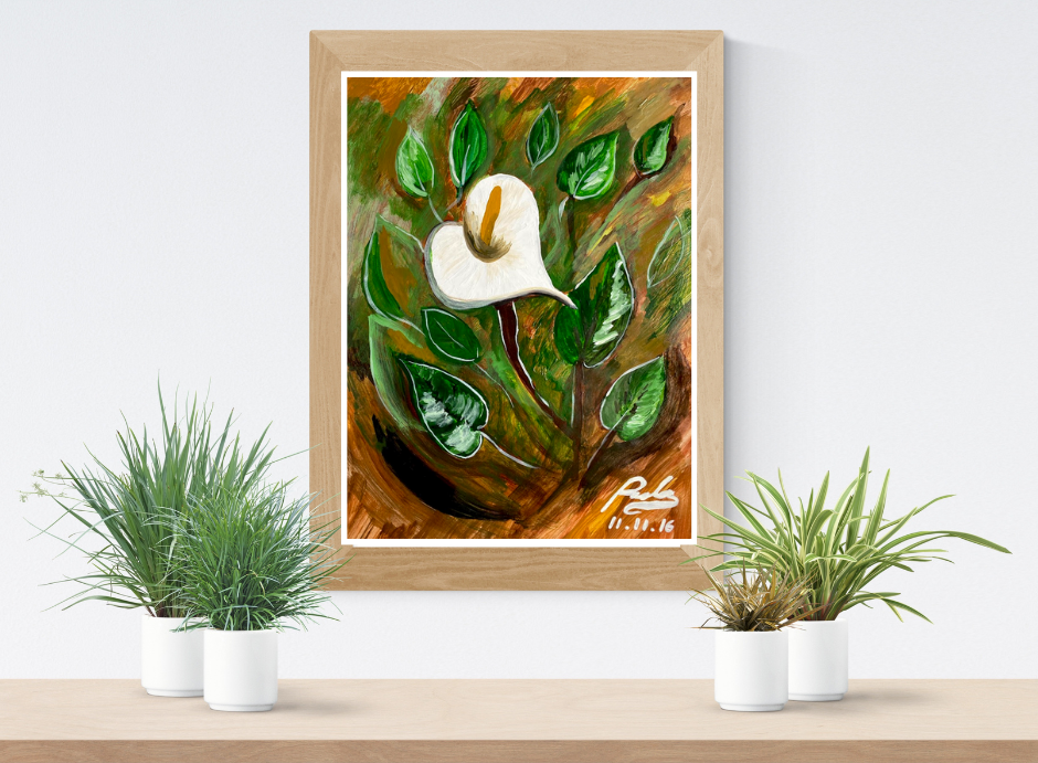 Experience the serene elegance of nature with "Calla Lily," a vibrant depiction of a pristine bloom amidst lush greenery