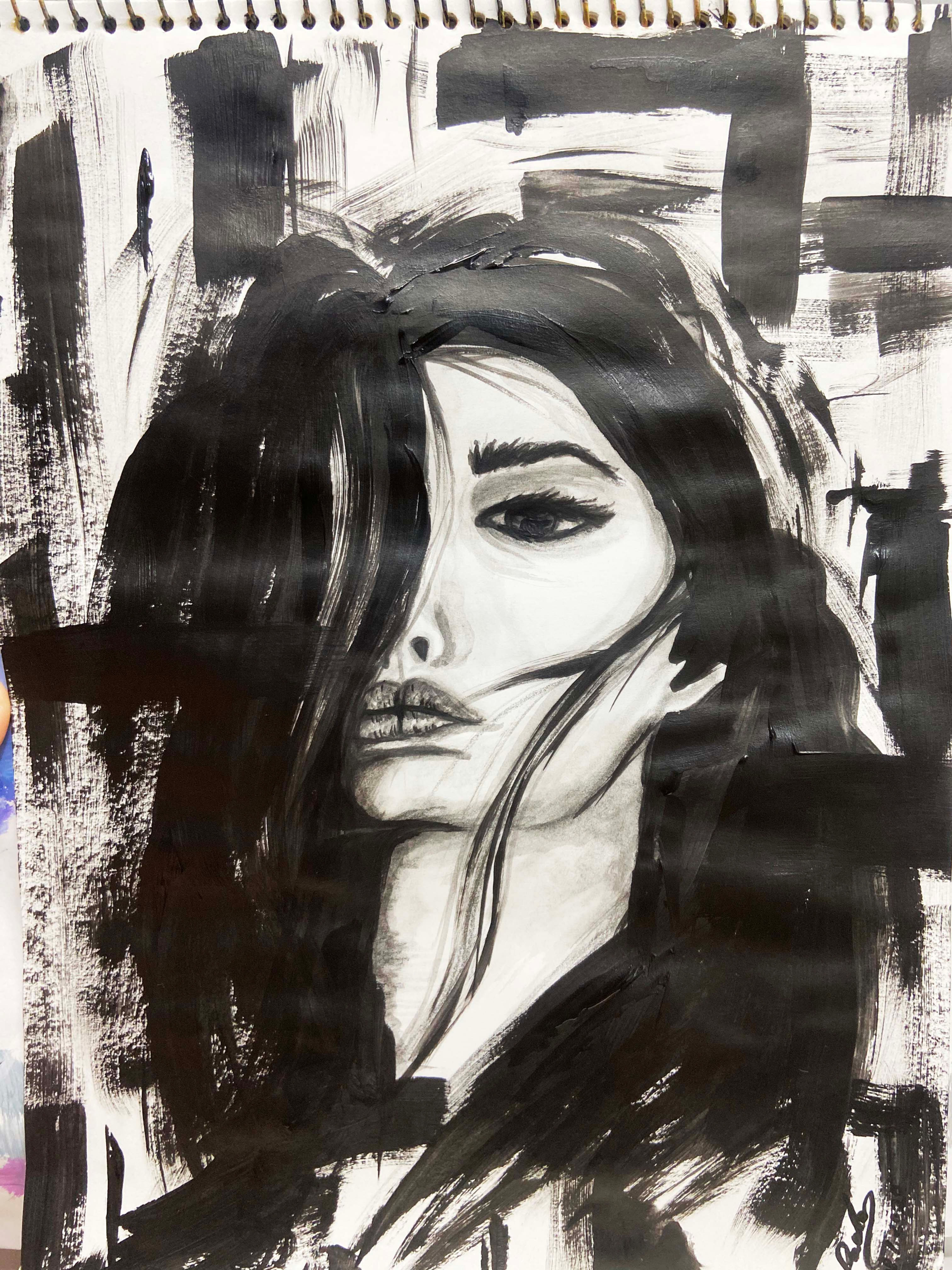 A black and white portrait painting of a woman by April Tolosa