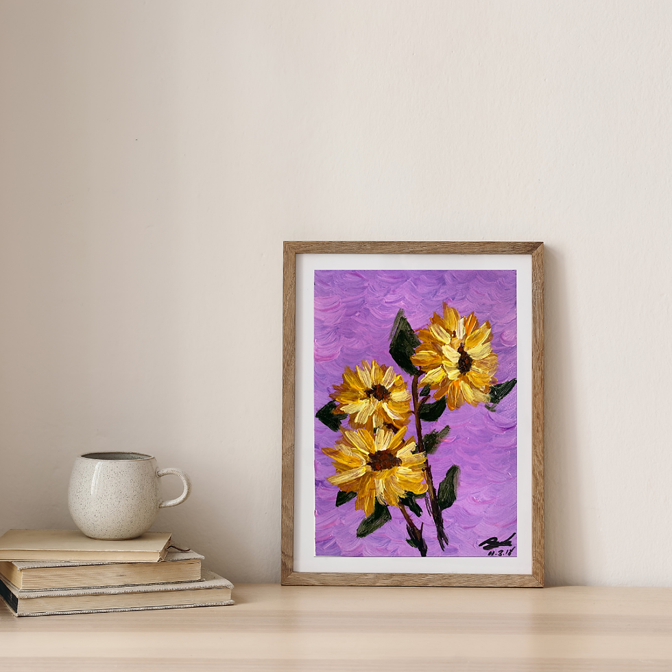 "Sunflowers" presents the radiant beauty of sunflowers against a textured purple backdrop.