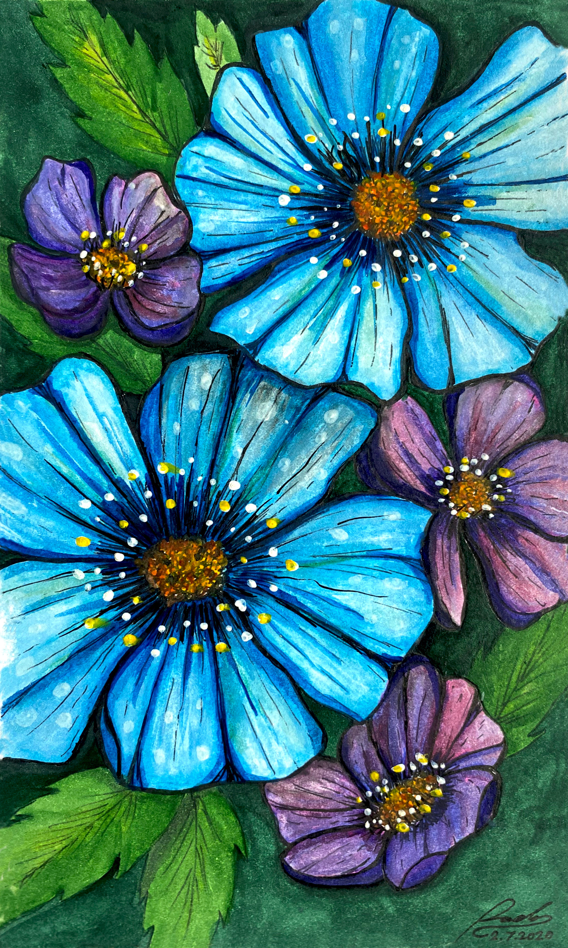 "Blue Flower" showcases vibrant blue and purple blooms, accented by lush green foliage.