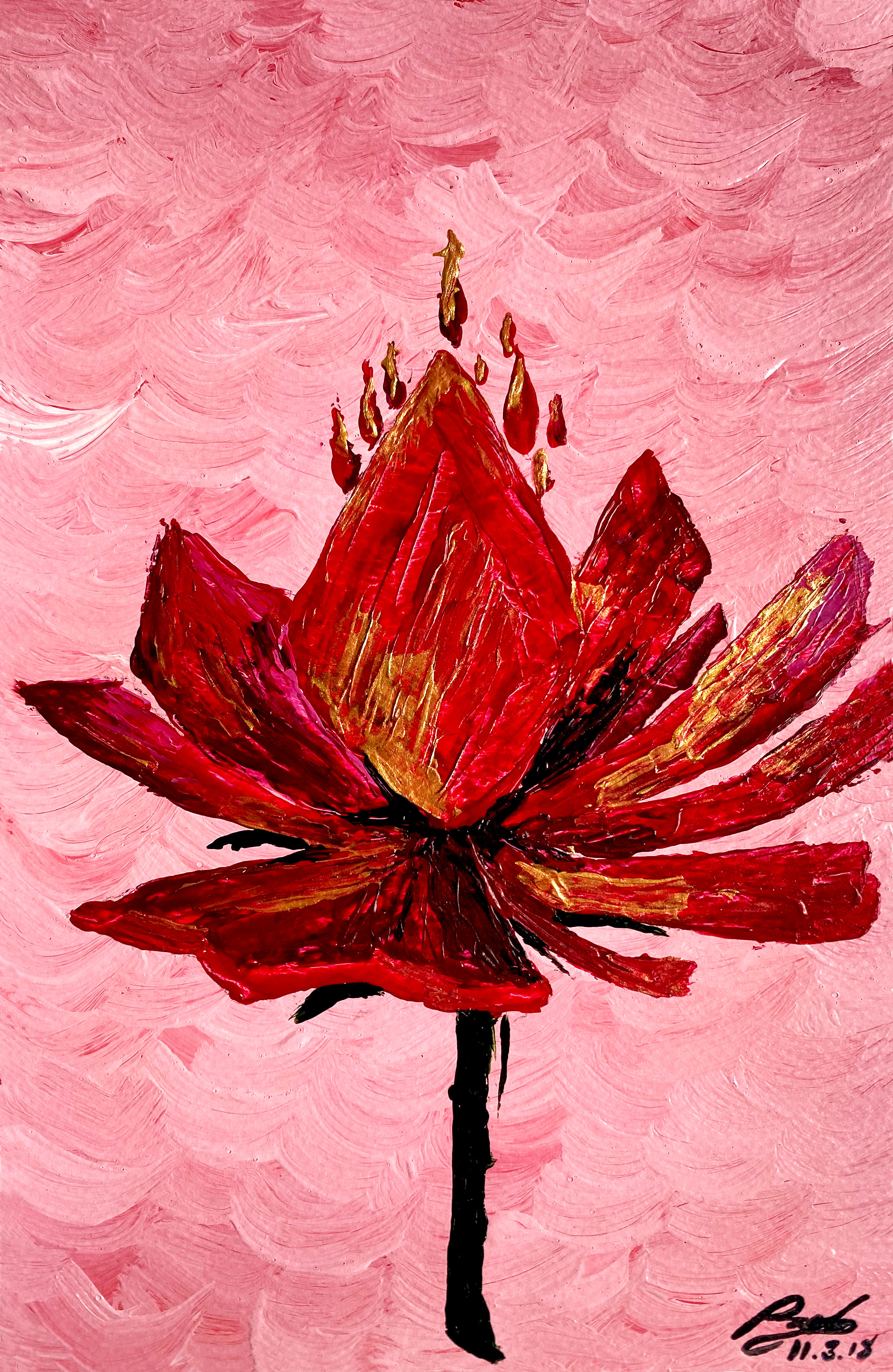 "Red Lotus Flower" captures the striking beauty of a lotus in rich red tones against a soft pink background.