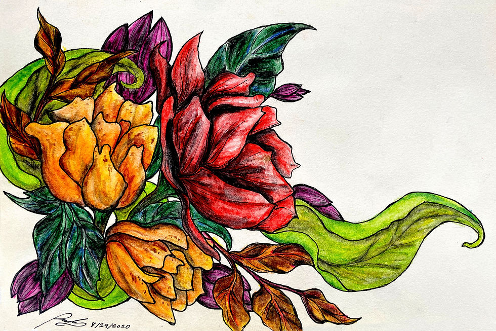"Fools Wisdom Flowers" is a vibrant composition of red and yellow blooms intertwined with rich green leaves.