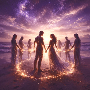 People holding hands in circle at the beach, connection, relationships and shared energy field, intergenerational trauma, holistic healing, Adain Holistic Healing