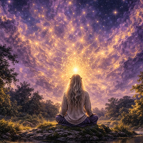 Woman meditating by water under cosmic sky, mental clarity, awareness and inner peace, holistic healing and consciousness, Adain Holistic Healing